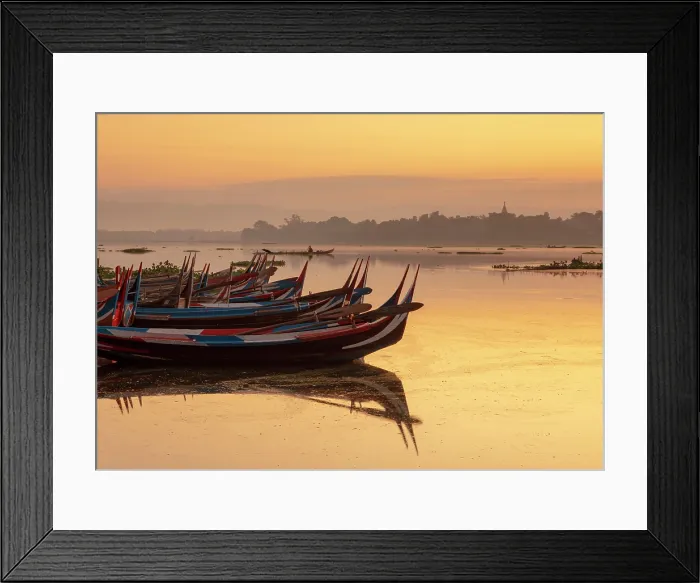 Framed Print : Traditional painted fishing boats at sunrise, Taungthaman Lake, Amarapura, near Mandalay, Myanmar (Burma), Asia Framed Print : Traditional painted fishing boats at sunrise, Taungthaman Lake, Amarapura, near Mandalay, Myanmar (Burma), Asia
