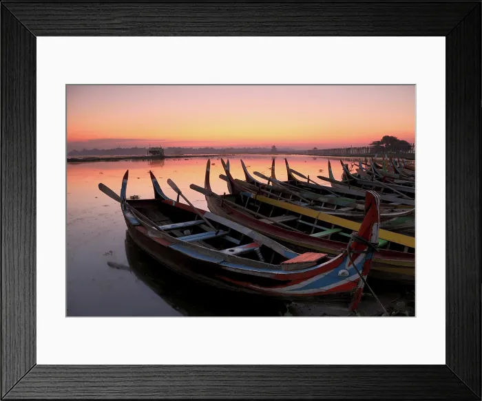 Framed Print : Traditional painted fishing boats at sunrise, Taungthaman Lake, Amarapura, near Mandalay, Myanmar (Burma), Asia Framed Print : Traditional painted fishing boats at sunrise, Taungthaman Lake, Amarapura, near Mandalay, Myanmar (Burma), Asia