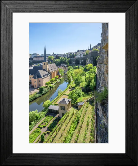 Framed Print : View at Neumunster abbey from Bock Kasematten, Luxembourg Framed Print : View at Neumunster abbey from Bock Kasematten, Luxembourg