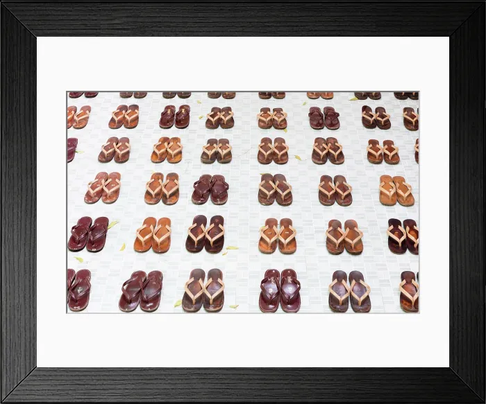 Framed Print : Traditional sandals arranged in neat rows outside a nunnery, Myanmar, (Burma), Asia