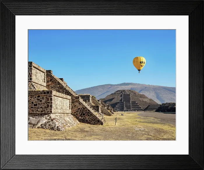 Framed Print : Hot air balloon flying over the Avenue of the Dead and Pyramid of the Moon, Teotihuacan, Mexico State, Mexico Framed Print : Hot air balloon flying over the Avenue of the Dead and Pyramid of the Moon, Teotihuacan, Mexico State, Mexico
