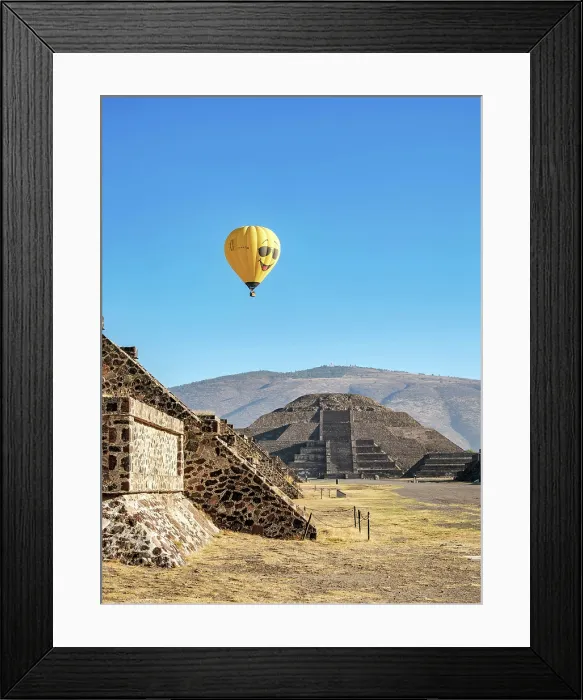 Framed Print : Hot air balloon flying over the Avenue of the Dead and Pyramid of the Moon, Teotihuacan, Mexico State, Mexico Framed Print : Hot air balloon flying over the Avenue of the Dead and Pyramid of the Moon, Teotihuacan, Mexico State, Mexico