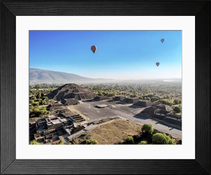 Framed Print : Hot air balloons flying over the Avenue of the Dead and the Pyramid of the Moon at sunrise, aerial view, Teotihuacan, Mexico State, Mexico Framed Print : Hot air balloons flying over the Avenue of the Dead and the Pyramid of the Moon at sunrise, aerial view, Teotihuacan, Mexico State, Mexico