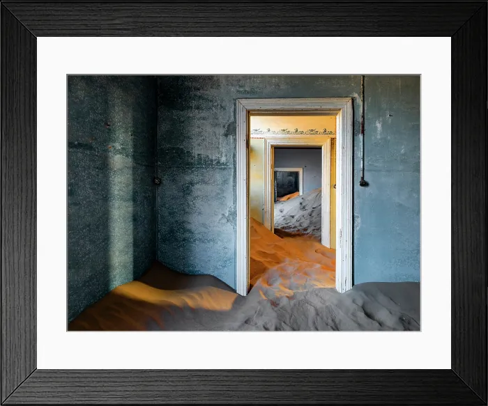 Framed Print : Colourful painted rooms filling with sand in abandoned diamond mining town, Kolmanskop, Luderitz, Namib Desert, Namibia