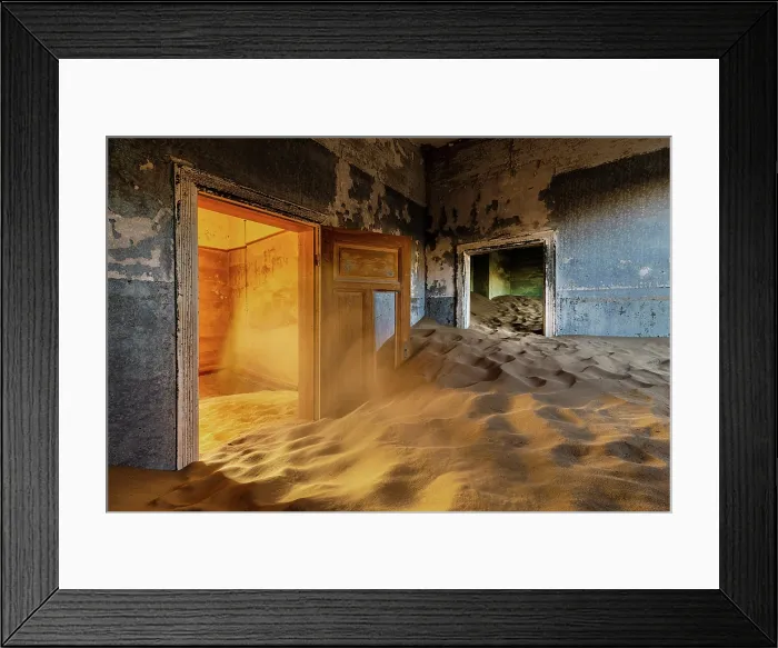 Framed Print : Colourful painted rooms filling with sand in abandoned diamond mining town, Kolmanskop, Luderitz, Namib Desert, Namibia Framed Print : Colourful painted rooms filling with sand in abandoned diamond mining town, Kolmanskop, Luderitz, Namib Desert, Namibia