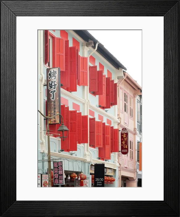 Framed Print : Red shtters on shophouse, China Town, Singapore Framed Print : Red shtters on shophouse, China Town, Singapore