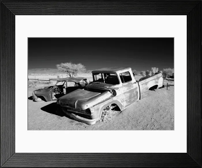Framed Print : Infrared view of the shells of old cars at the remote settlement of Solitaire, Khomas Region, Namibia Framed Print : Infrared view of the shells of old cars at the remote settlement of Solitaire, Khomas Region, Namibia