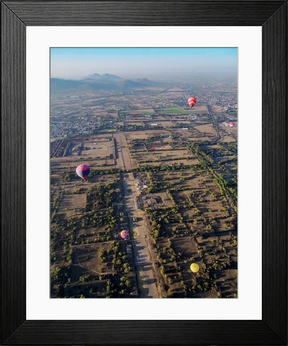 Framed Print : Hot air balloons flying over the Avenue of the Dead at sunrise, aerial view, Teotihuacan, Mexico State, Mexico Framed Print : Hot air balloons flying over the Avenue of the Dead at sunrise, aerial view, Teotihuacan, Mexico State, Mexico
