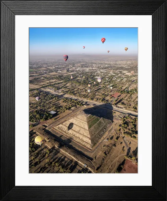 Framed Print : Hot air balloons flying over the Pyramid of the Sun and Avenue of the Dead at sunrise, aerial view, Teotihuacan, Mexico State, Mexico Framed Print : Hot air balloons flying over the Pyramid of the Sun and Avenue of the Dead at sunrise, aerial view, Teotihuacan, Mexico State, Mexico