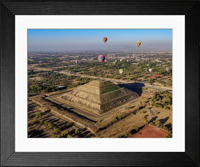 Framed Print : Hot air balloons flying over the Pyramid of the Sun and Avenue of the Dead at sunrise, aerial view, Teotihuacan, Mexico State, Mexico Framed Print : Hot air balloons flying over the Pyramid of the Sun and Avenue of the Dead at sunrise, aerial view, Teotihuacan, Mexico State, Mexico