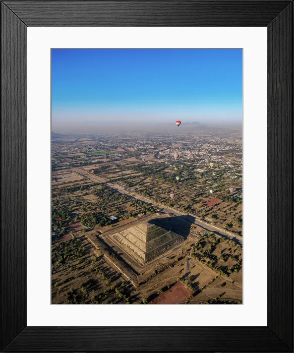 Framed Print : Hot air balloons flying over the Pyramid of the Sun and Avenue of the Dead at sunrise, aerial view, Teotihuacan, Mexico State, Mexico Framed Print : Hot air balloons flying over the Pyramid of the Sun and Avenue of the Dead at sunrise, aerial view, Teotihuacan, Mexico State, Mexico
