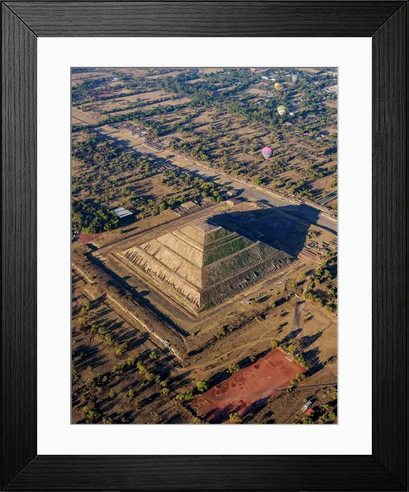 Framed Print : Hot air balloons flying over the Pyramid of the Sun and Avenue of the Dead at sunrise, aerial view, Teotihuacan, Mexico State, Mexico Framed Print : Hot air balloons flying over the Pyramid of the Sun and Avenue of the Dead at sunrise, aerial view, Teotihuacan, Mexico State, Mexico