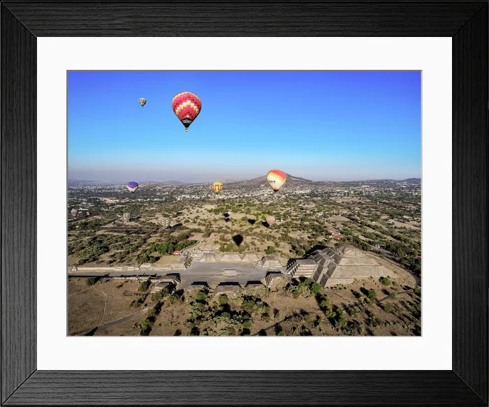 Framed Print : Hot air balloons flying over the Avenue of the Dead and the Pyramid of the Moon at sunrise, aerial view, Teotihuacan, Mexico State, Mexico Framed Print : Hot air balloons flying over the Avenue of the Dead and the Pyramid of the Moon at sunrise, aerial view, Teotihuacan, Mexico State, Mexico