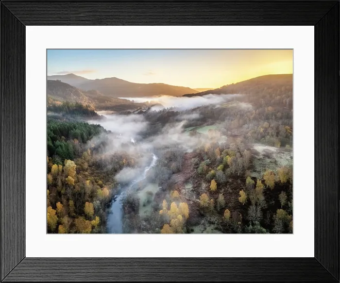 Framed Print : Aerial view at sunrise down the Tummel Valley, Linn of Tummel in autumn, Perthshire, Scotland, October 2024 Framed Print : Aerial view at sunrise down the Tummel Valley, Linn of Tummel in autumn, Perthshire, Scotland, October 2024