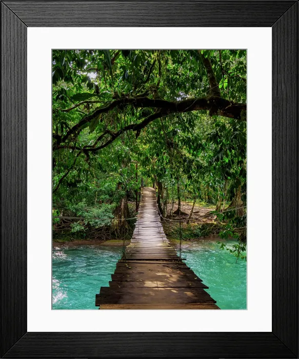 Framed Print : Hanging wooden bridge over Xanil River, Arroyo Agua Azul, Chiapas State, Mexico