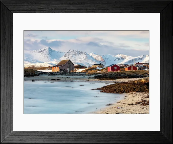 Framed Print : Old red wooden barn (rorbu) and snow-covered mountains, Sommeroy, near Tromso, Norway Framed Print : Old red wooden barn (rorbu) and snow-covered mountains, Sommeroy, near Tromso, Norway