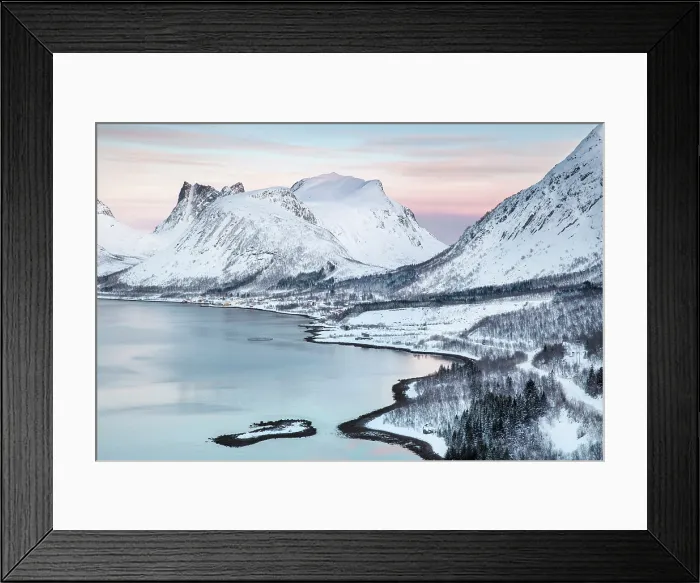 Framed Print : Snow-covered mountains & Bergsfjord from theBergsbotn viewpoint, Senja, Troms county, Norway