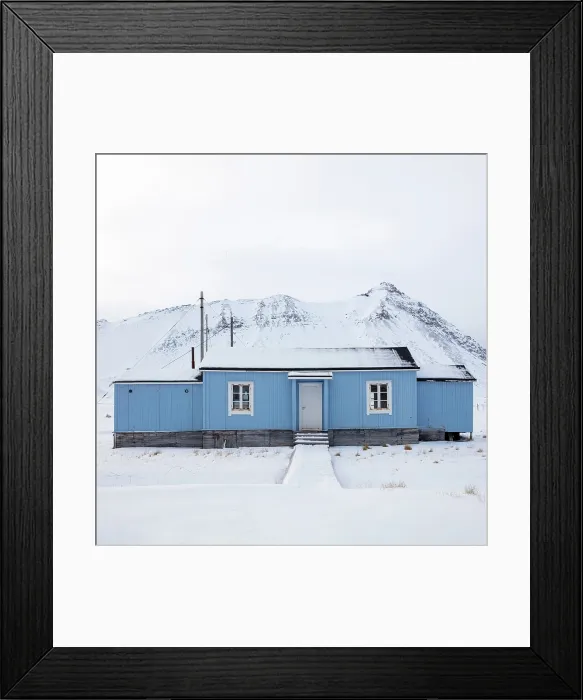 Framed Print : Blue timber building in remote former mining town of Ny Alesund, Oscar II Land, Spitsbergen, Svalbard, Norway Framed Print : Blue timber building in remote former mining town of Ny Alesund, Oscar II Land, Spitsbergen, Svalbard, Norway