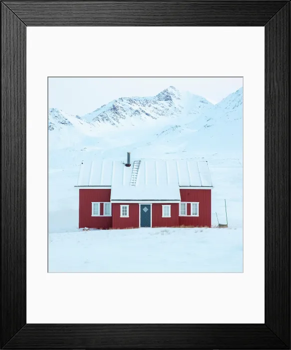 Framed Print : Red timber house in remote former mining town of Ny Alesund, Oscar II Land, Spitsbergen, Svalbard, Norway