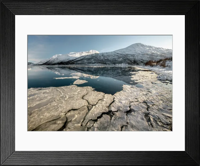 Framed Print : Snow-covered mountains and floating ice, island of Kvaloya, near Tromso, Norway Framed Print : Snow-covered mountains and floating ice, island of Kvaloya, near Tromso, Norway