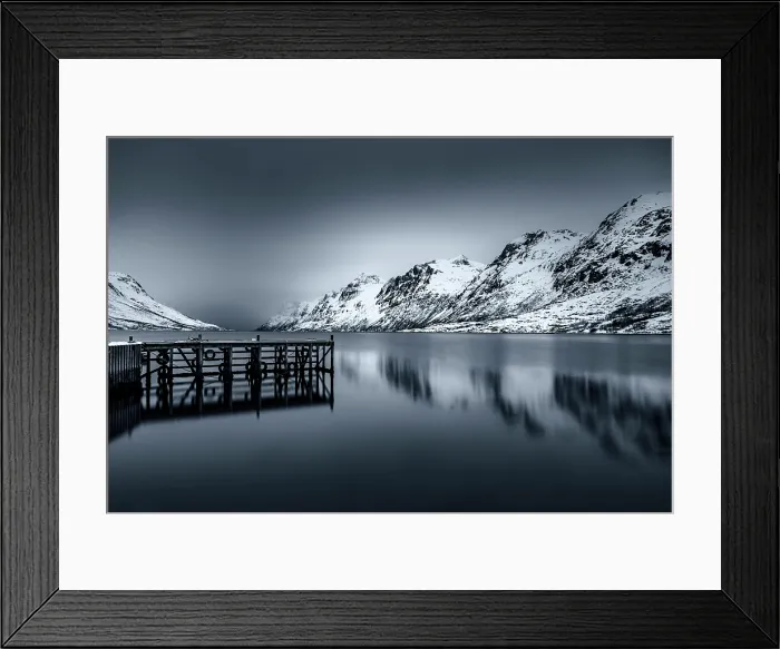 Framed Print : Jetty and mountains at dusk, Ersfjorden, Ersfjordbotn, island of Kvaloya, near Tromos, Norway