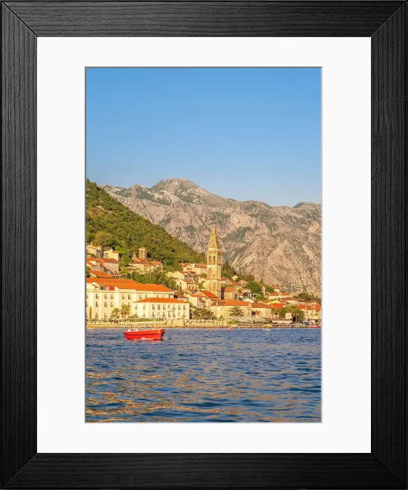Framed Print : Red boat in front of Perast, Kotor Bay, Montenegro