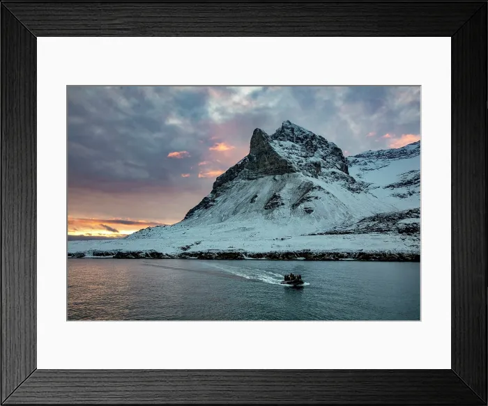 Framed Print : Tourists returning to their ship & Alkhornet mountain, Oscar II Land, Spitsbergen, Svalbard, Norway