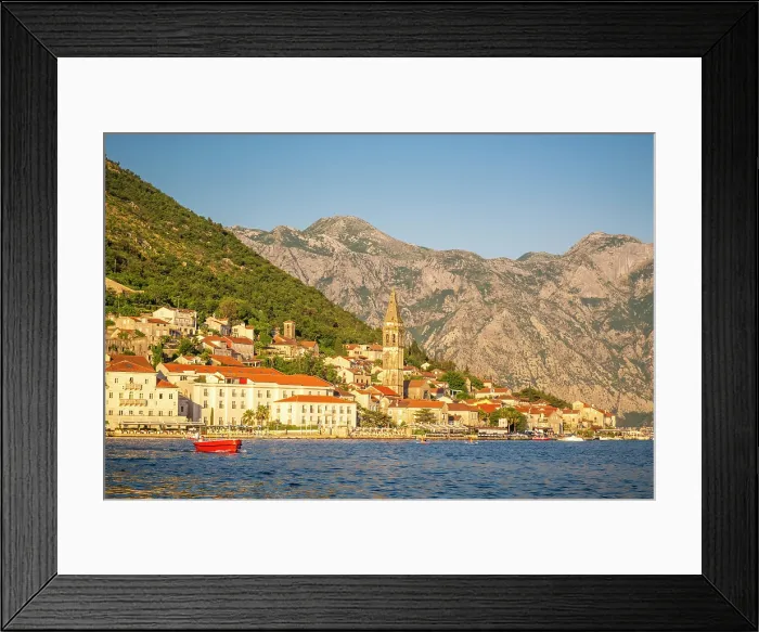 Framed Print : Red boat in front of Perast, Kotor Bay, Montenegro