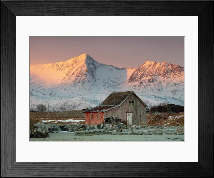 Framed Print : Old red wooden barn (rorbu) and snow-covered mountains at sunrise, Sommeroy, near Tromso, Norway Framed Print : Old red wooden barn (rorbu) and snow-covered mountains at sunrise, Sommeroy, near Tromso, Norway