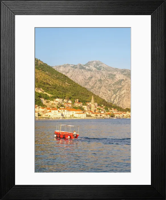 Framed Print : Red boat in front of Perast, Kotor Bay, Montenegro Framed Print : Red boat in front of Perast, Kotor Bay, Montenegro