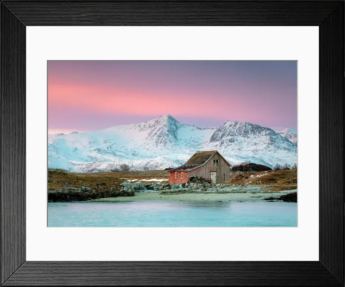Framed Print : Old red wooden barn (rorbu) and snow-covered mountains beneath a pink sky at dawn, Sommeroy, near Tromso, Norway Framed Print : Old red wooden barn (rorbu) and snow-covered mountains beneath a pink sky at dawn, Sommeroy, near Tromso, Norway