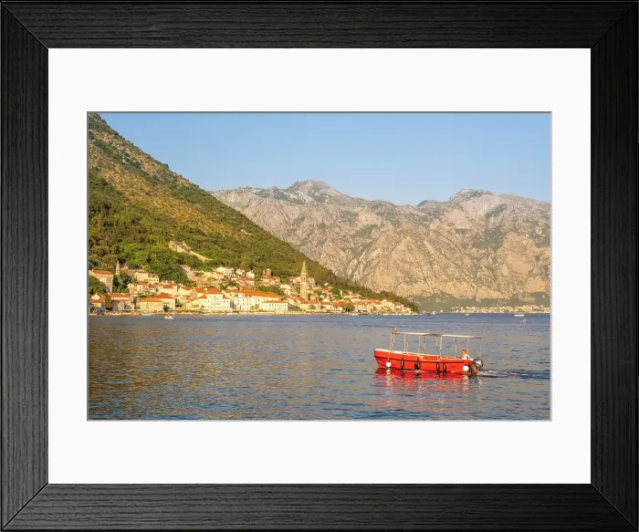 Framed Print : Red boat in front of Perast, Kotor Bay, Montenegro Framed Print : Red boat in front of Perast, Kotor Bay, Montenegro