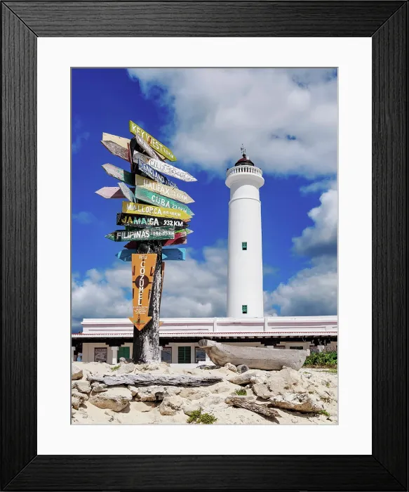 Framed Print : Sign with directions and Celarain Lighthouse, Punta Sur, Cozumel Island, Quintana Roo State, Mexico Framed Print : Sign with directions and Celarain Lighthouse, Punta Sur, Cozumel Island, Quintana Roo State, Mexico