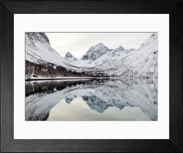 Framed Print : Snow-covered mountains reflecting in Bergsfjord, near Bergsbotn, Senja, Troms county, Norway