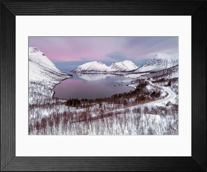Framed Print : Snow-covered mountains reflecting in Bergsfjord from theBergsbotn viewpoint, Senja, Troms county, Norway Framed Print : Snow-covered mountains reflecting in Bergsfjord from theBergsbotn viewpoint, Senja, Troms county, Norway