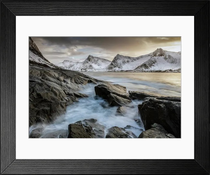 Framed Print : View towards Steinfjord and snow-covered mountains at sunset in winter, from Tungeneset, Senja Island, Norway Framed Print : View towards Steinfjord and snow-covered mountains at sunset in winter, from Tungeneset, Senja Island, Norway
