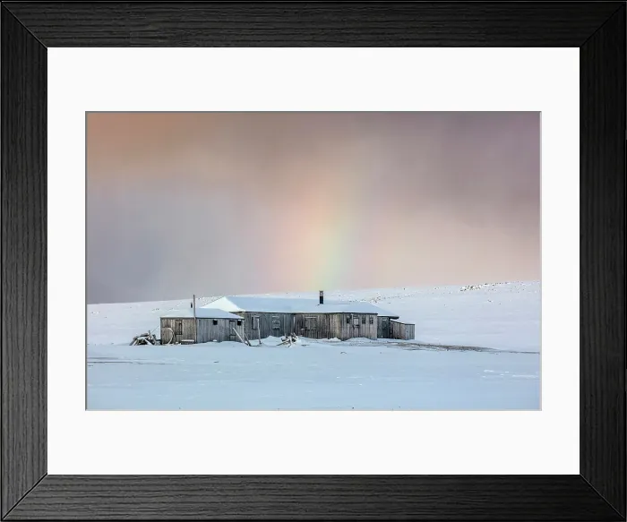 Framed Print : Old wooden cabins with rainbow in the background, Kinnvika, 1950s research station, Spitsbergen, Svalbard, Norway Framed Print : Old wooden cabins with rainbow in the background, Kinnvika, 1950s research station, Spitsbergen, Svalbard, Norway