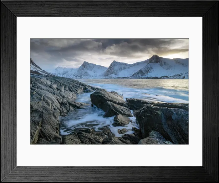 Framed Print : View towards Steinfjord and snow-covered mountains at sunset in winter, from Tungeneset, Senja Island, Norway Framed Print : View towards Steinfjord and snow-covered mountains at sunset in winter, from Tungeneset, Senja Island, Norway
