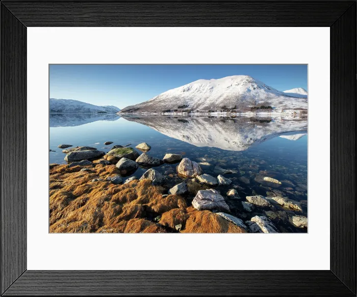 Framed Print : Snow-covered mountains with a perfect reflection in flat calm waters, island of Kvaloya, near Tromso, Norway Framed Print : Snow-covered mountains with a perfect reflection in flat calm waters, island of Kvaloya, near Tromso, Norway