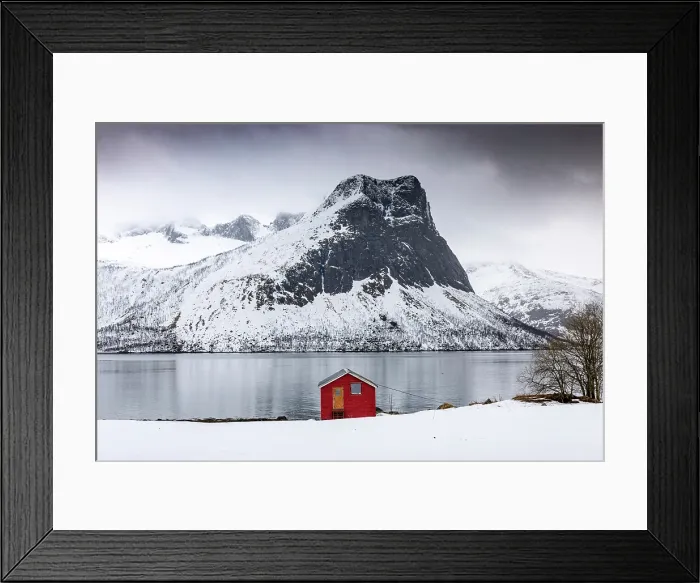 Framed Print : Red timber rorbu (cabin) with Bergsfjord and snow-covered mountains in the distance, , Bergsbotn, Senja, Norway Framed Print : Red timber rorbu (cabin) with Bergsfjord and snow-covered mountains in the distance, , Bergsbotn, Senja, Norway