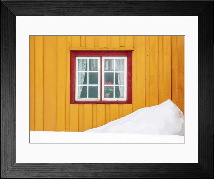 Framed Print : Yellow wall and red windowframe of old wooden house in the snow, Straumen Farm, Straumsbukta, Kvaloya, near Tromso, Norway Framed Print : Yellow wall and red windowframe of old wooden house in the snow, Straumen Farm, Straumsbukta, Kvaloya, near Tromso, Norway
