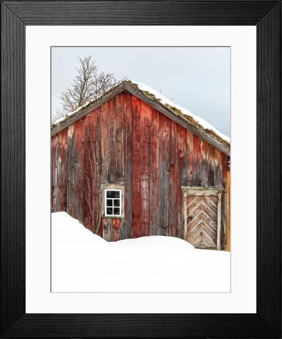 Framed Print : Old wooden house in the snow, Straumen Farm, Straumsbukta, Kvaloya, near Tromso, Norway