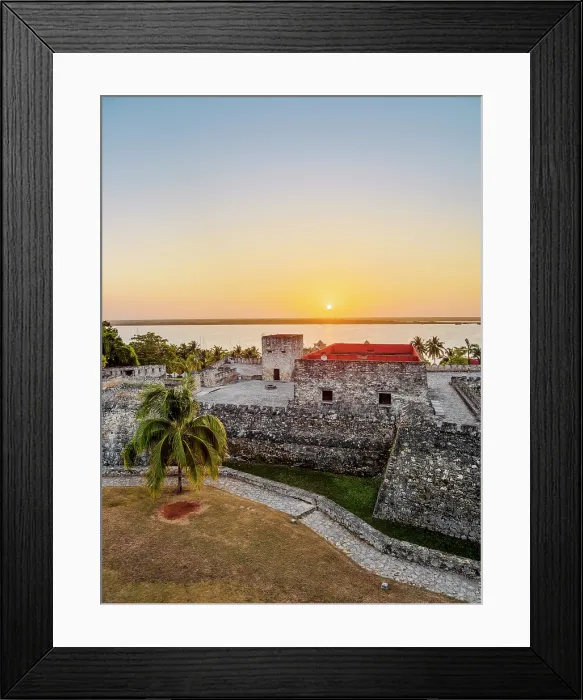 Framed Print : San Felipe Fort and Bacalar Lagoon at sunrise, elevated view, Bacalar, Quintana Roo State, Mexico Framed Print : San Felipe Fort and Bacalar Lagoon at sunrise, elevated view, Bacalar, Quintana Roo State, Mexico