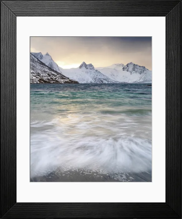 Framed Print : Mefjorden and snow covered mountains in winter, Mefjordbotn, Senja, Norway Framed Print : Mefjorden and snow covered mountains in winter, Mefjordbotn, Senja, Norway