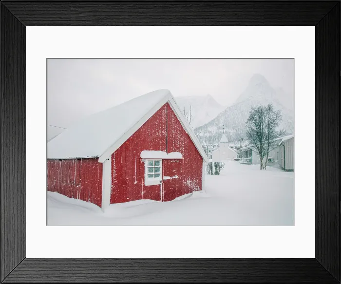 Framed Print : Red timber rorbu (cabin) in falling snow, Mefjordvaer, Senja, Norway Framed Print : Red timber rorbu (cabin) in falling snow, Mefjordvaer, Senja, Norway