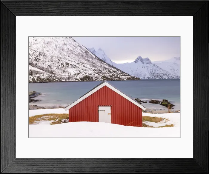 Framed Print : Red timber rorbu (cabin) with Mefjorden in the background, Mefjordbotn, Senja, Norway Framed Print : Red timber rorbu (cabin) with Mefjorden in the background, Mefjordbotn, Senja, Norway