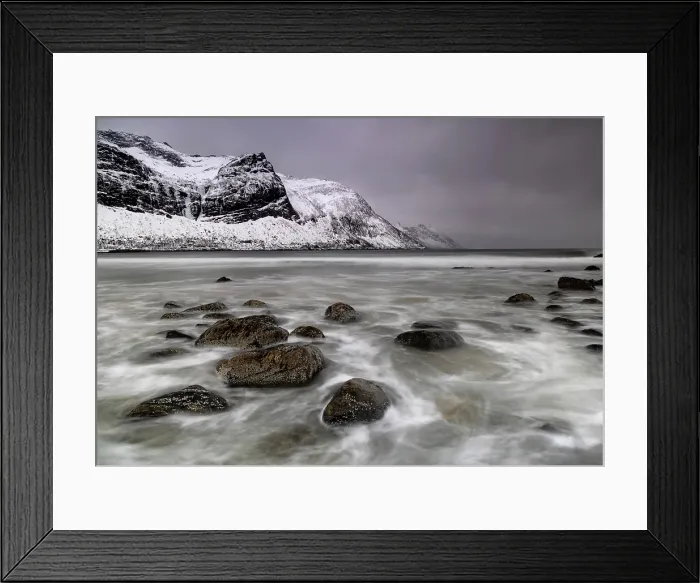 Framed Print : Waves washing over rocks on the beach at Ersfjord, Senja island, Troms county, Norway Framed Print : Waves washing over rocks on the beach at Ersfjord, Senja island, Troms county, Norway
