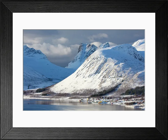 Framed Print : Snow-covered mountains behind the village of Bergsbotn and Bergsfjord, Senja, Troms county, Norway