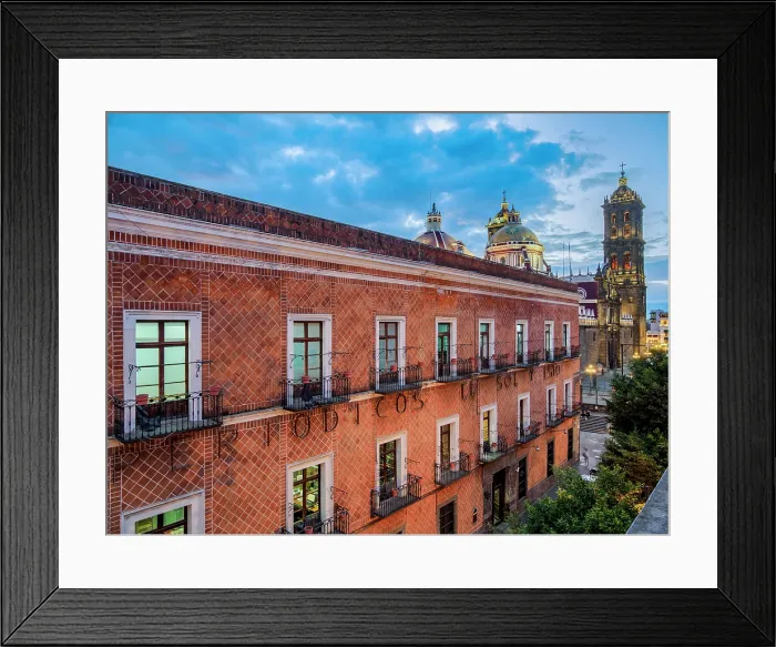 Framed Print : El Sol Newspapers office building and Our Lady of the Immaculate Conception Cathedral Basilica at dusk, City of Puebla, Puebla State, Mexico