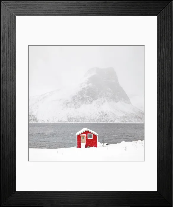 Framed Print : Red timber rorbu (cabin) with Bergsfjord and snow-covered mountains in the distance, , Bergsbotn, Senja, Norway Framed Print : Red timber rorbu (cabin) with Bergsfjord and snow-covered mountains in the distance, , Bergsbotn, Senja, Norway